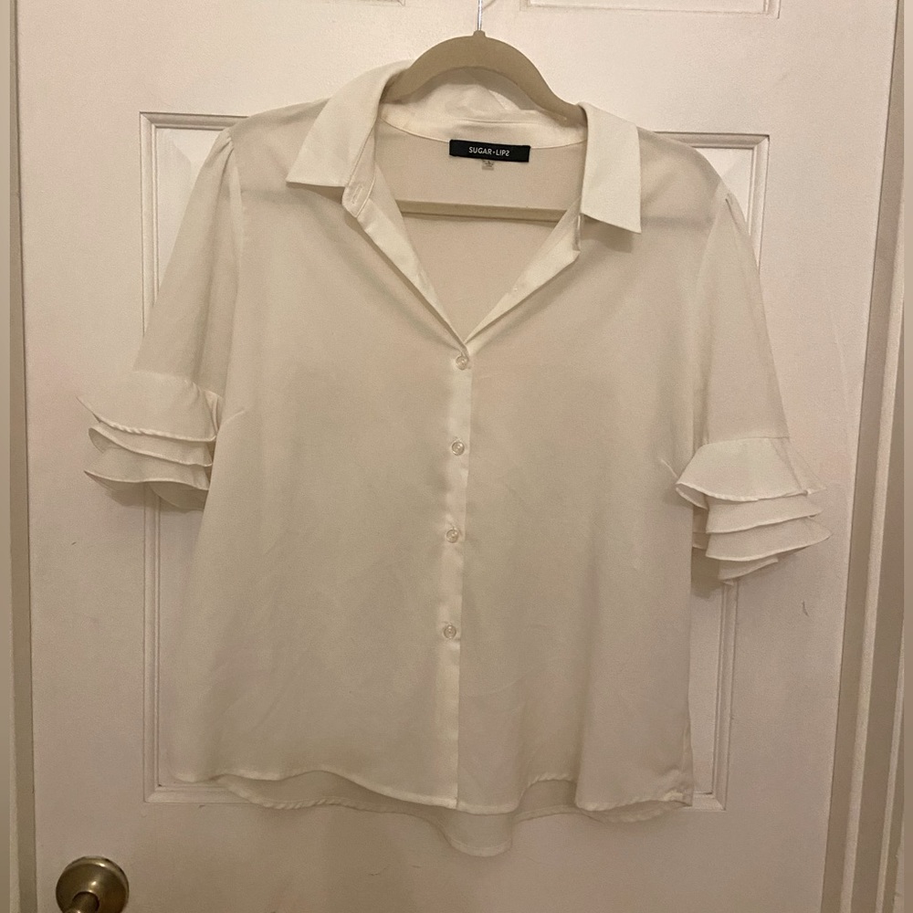 SUGARLIPS White Button Down Shirt with Sleeve Detail Size Large